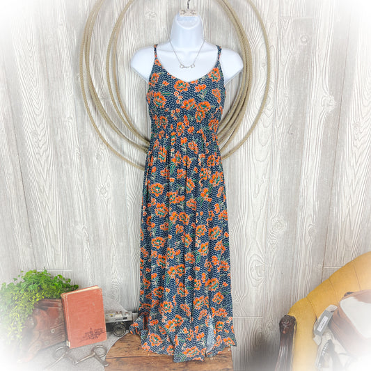 Western Bloom Floral Midi Dress – Navy & Orange