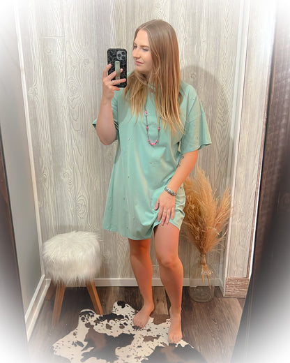 Turquoise Rhinestone - Tee Shirt Dress