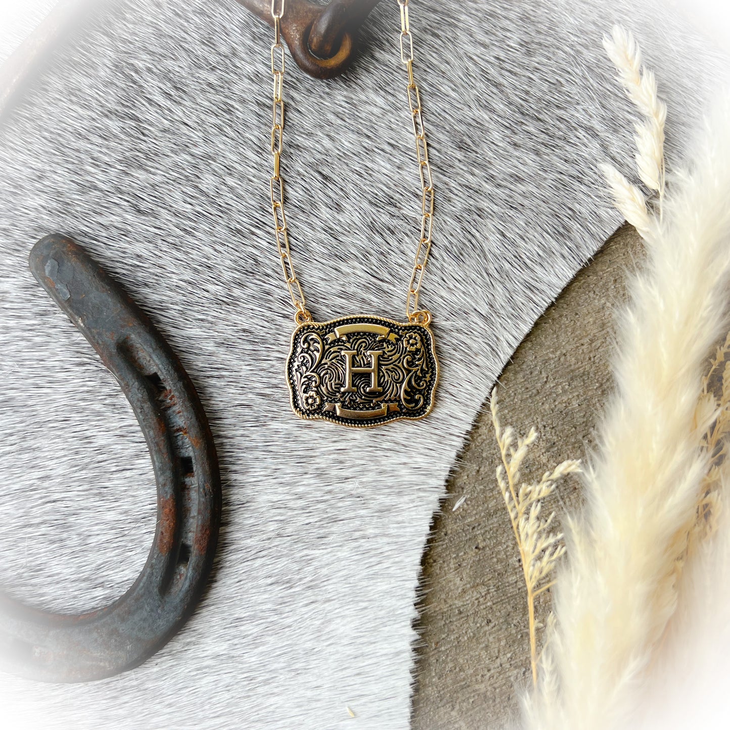 Western Buckle Initial Necklace - Antique Gold