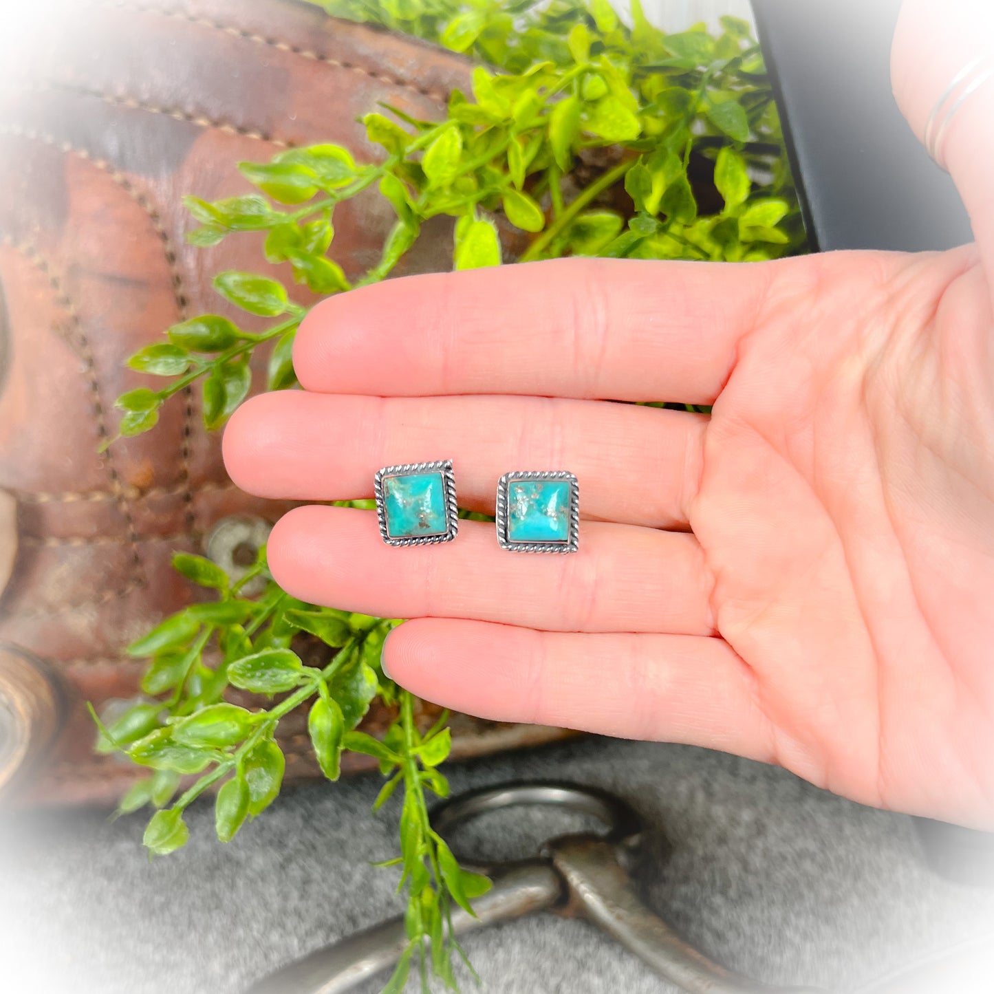 Sterling Silver Rope Edge Authentic Turquoise Stud Earrings