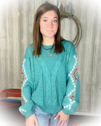 Western Aztec Sweater - Turquoise