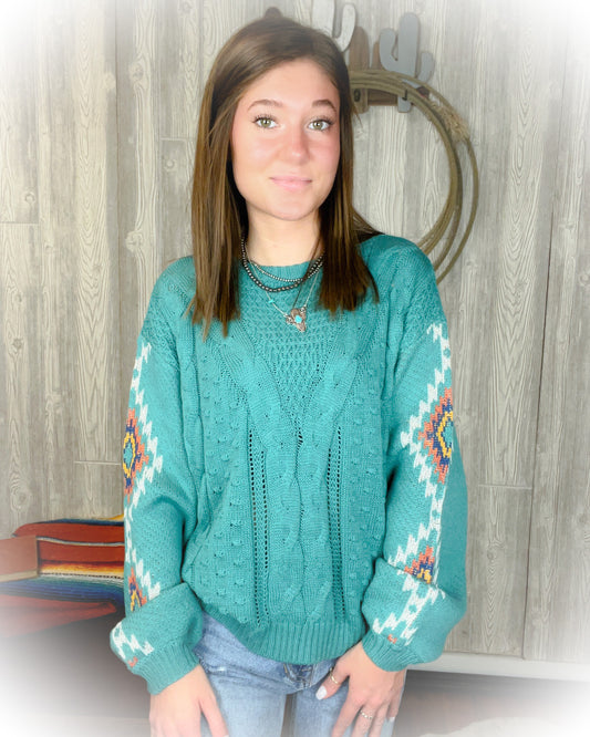 Western Aztec Sweater - Turquoise