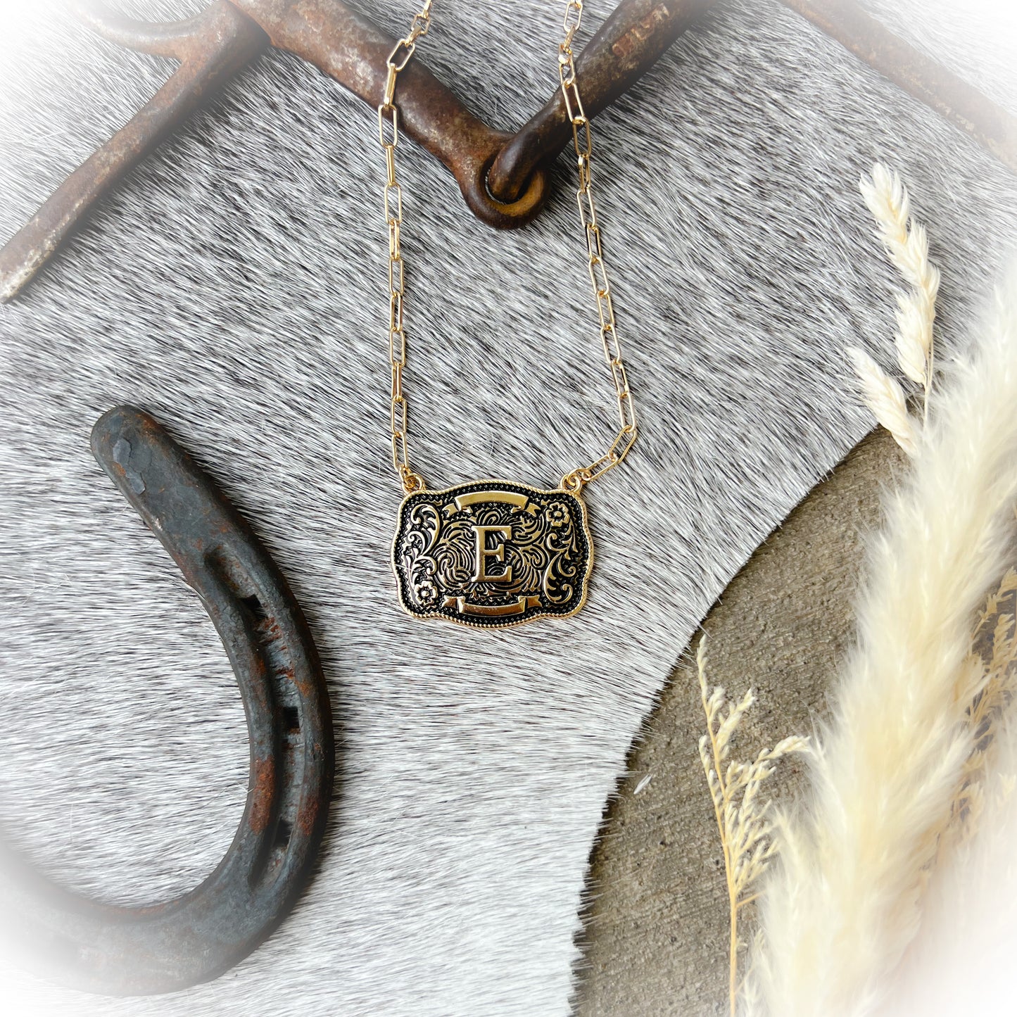 Western Buckle Initial Necklace - Antique Gold