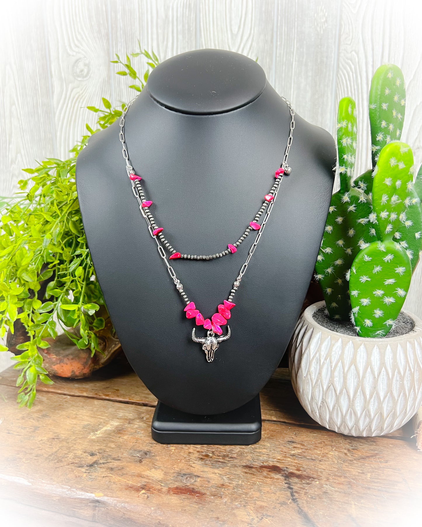 Steer Head Layered Necklace - Hot Pink