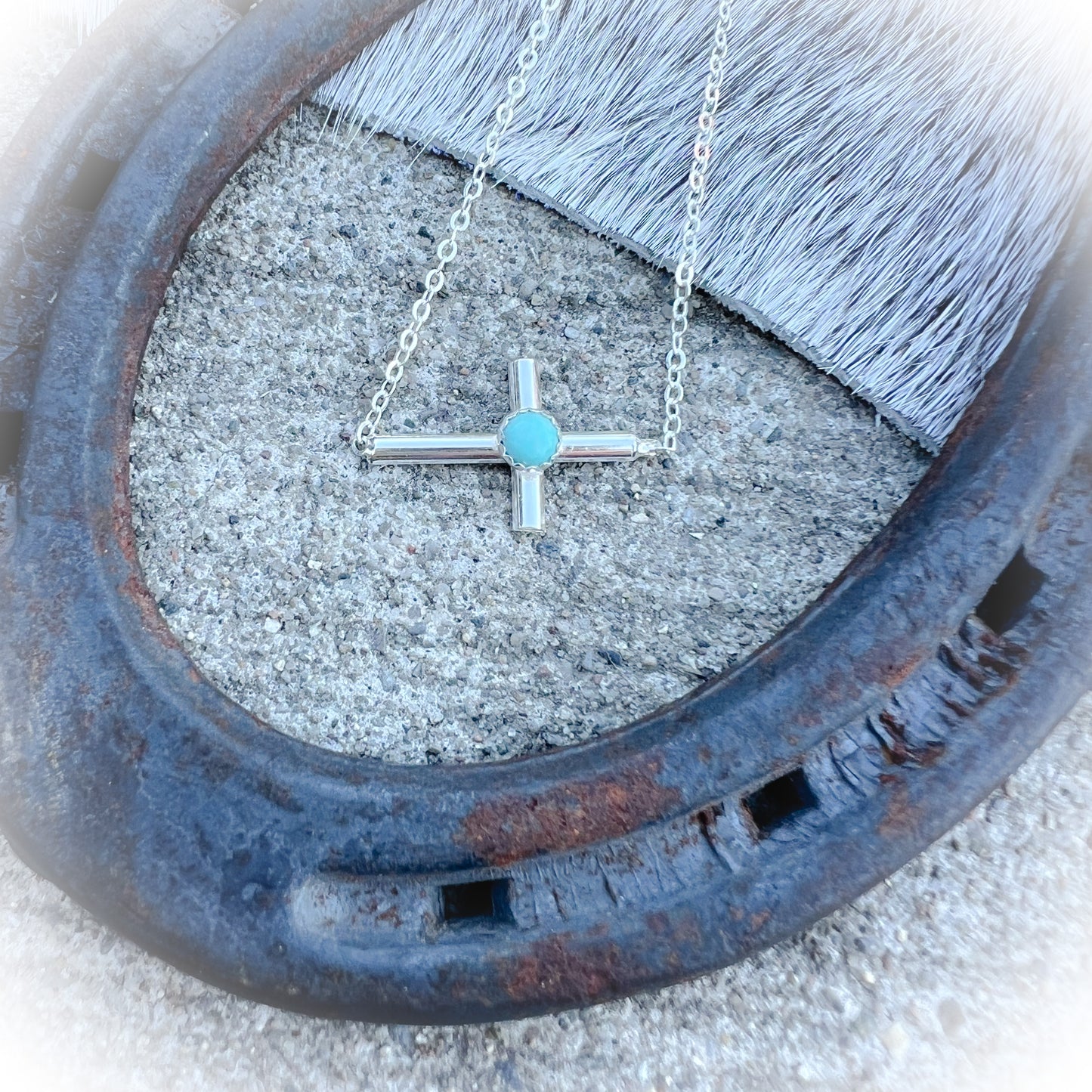 Horizontal Turquoise Cross Necklace - Sterling Silver