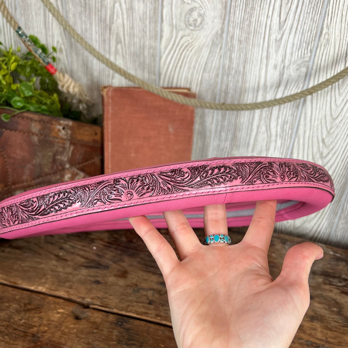 Pink Cowgirl Western Tooled Leather Steering Wheel Cover