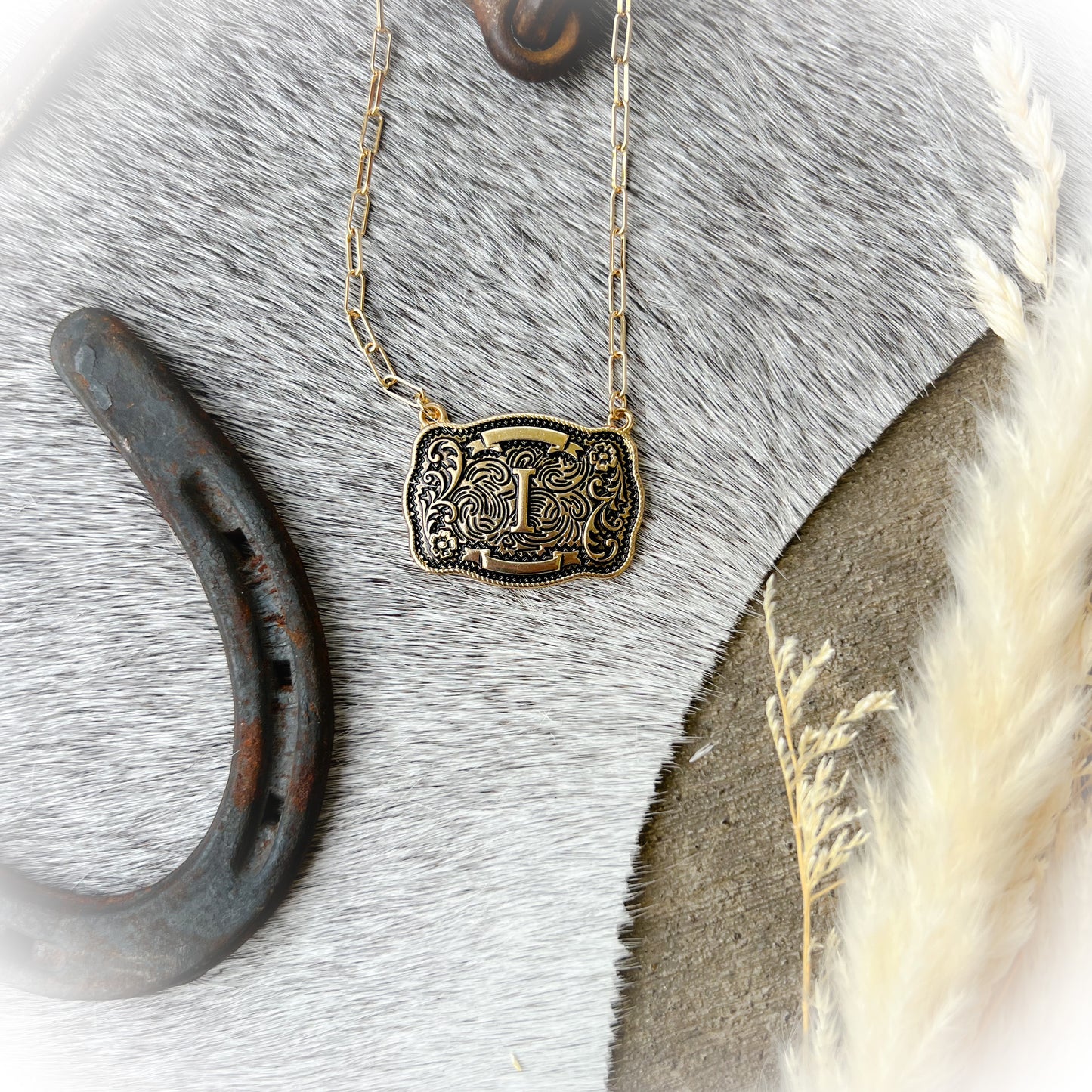 Western Buckle Initial Necklace - Antique Gold