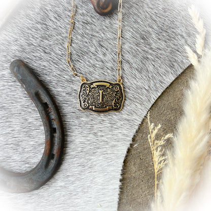 Western Buckle Initial Necklace - Antique Gold