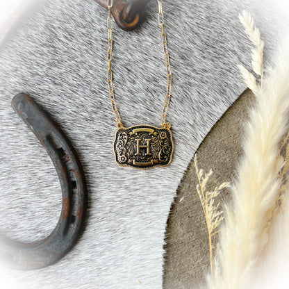 Western Buckle Initial Necklace - Antique Gold