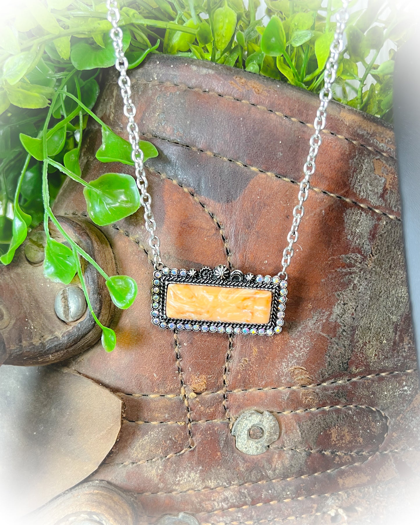 Fancy Western Bar Necklace - Orange