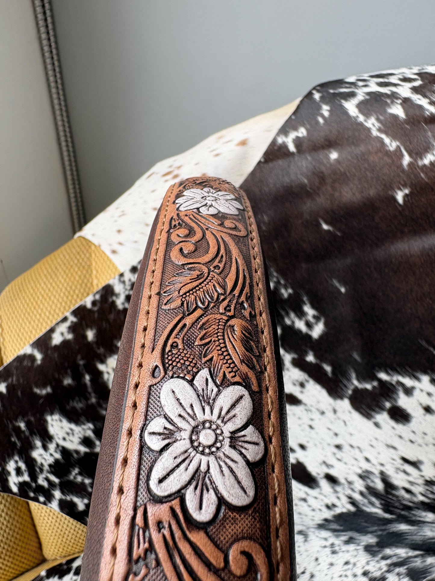 White Floral Western Tooled Leather Steering Wheel Cover