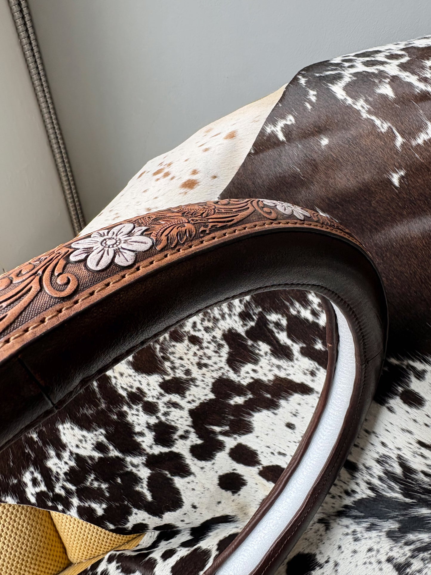White Floral Western Tooled Leather Steering Wheel Cover