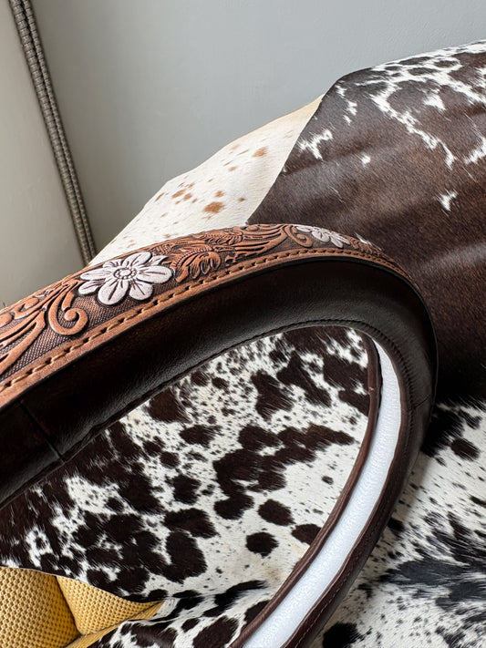 White Floral Western Tooled Leather Steering Wheel Cover