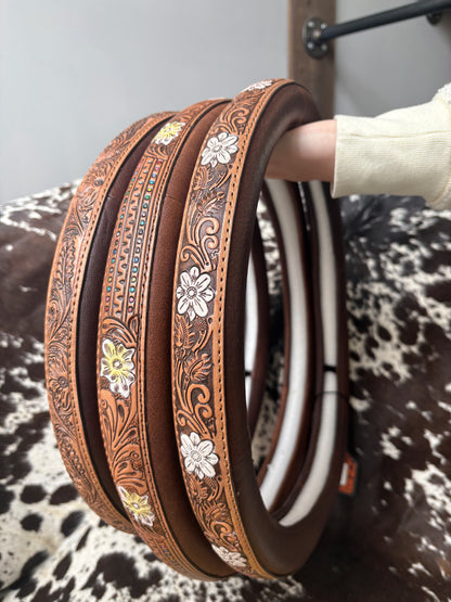 White Floral Western Tooled Leather Steering Wheel Cover