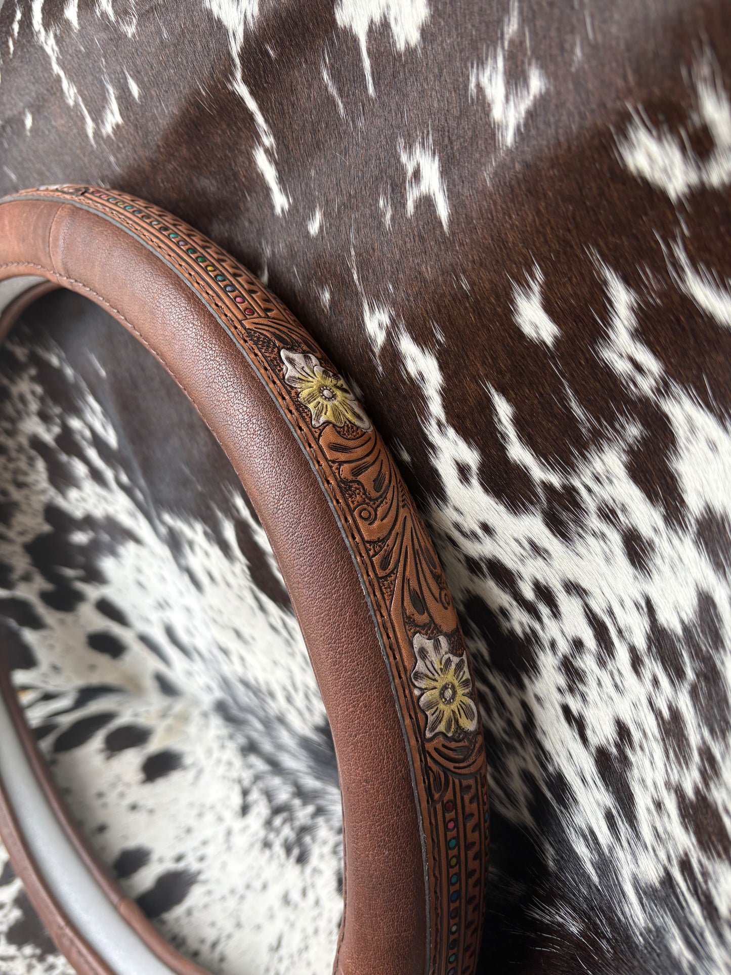 Blooming Cowgirl Western Tooled Leather Steering Wheel Cover