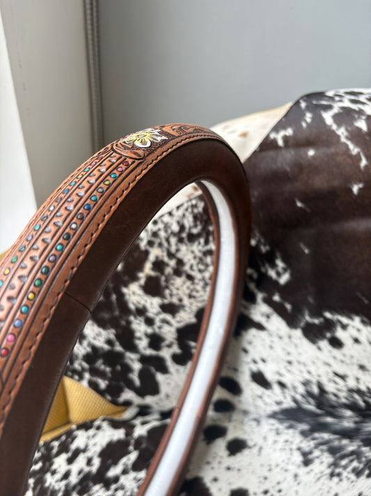 Blooming Cowgirl Western Tooled Leather Steering Wheel Cover