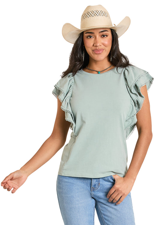 Light Olive Flutter Sleeve Top – Women’s 100% Cotton Boutique Blouse (True to Size)