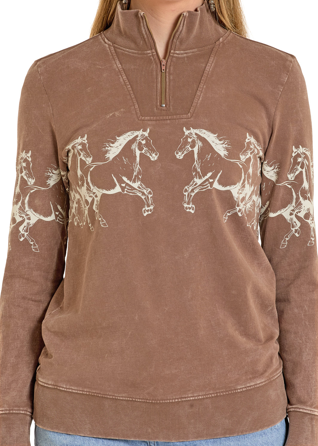 Vintage Style Horse Western Quarter Zip Sweater – Brown 100% Cotton Cowgirl Pullover