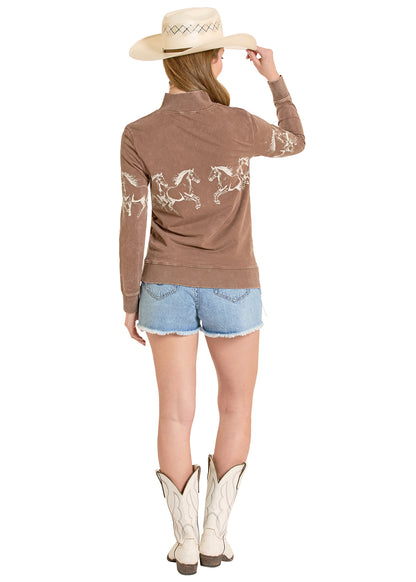 Vintage Style Horse Western Quarter Zip Sweater – Brown 100% Cotton Cowgirl Pullover