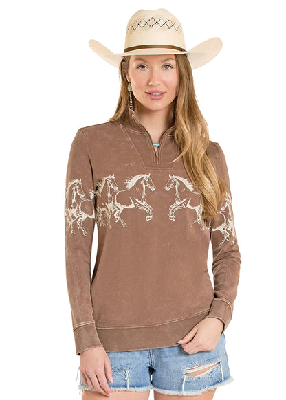 Vintage Style Horse Western Quarter Zip Sweater – Brown 100% Cotton Cowgirl Pullover
