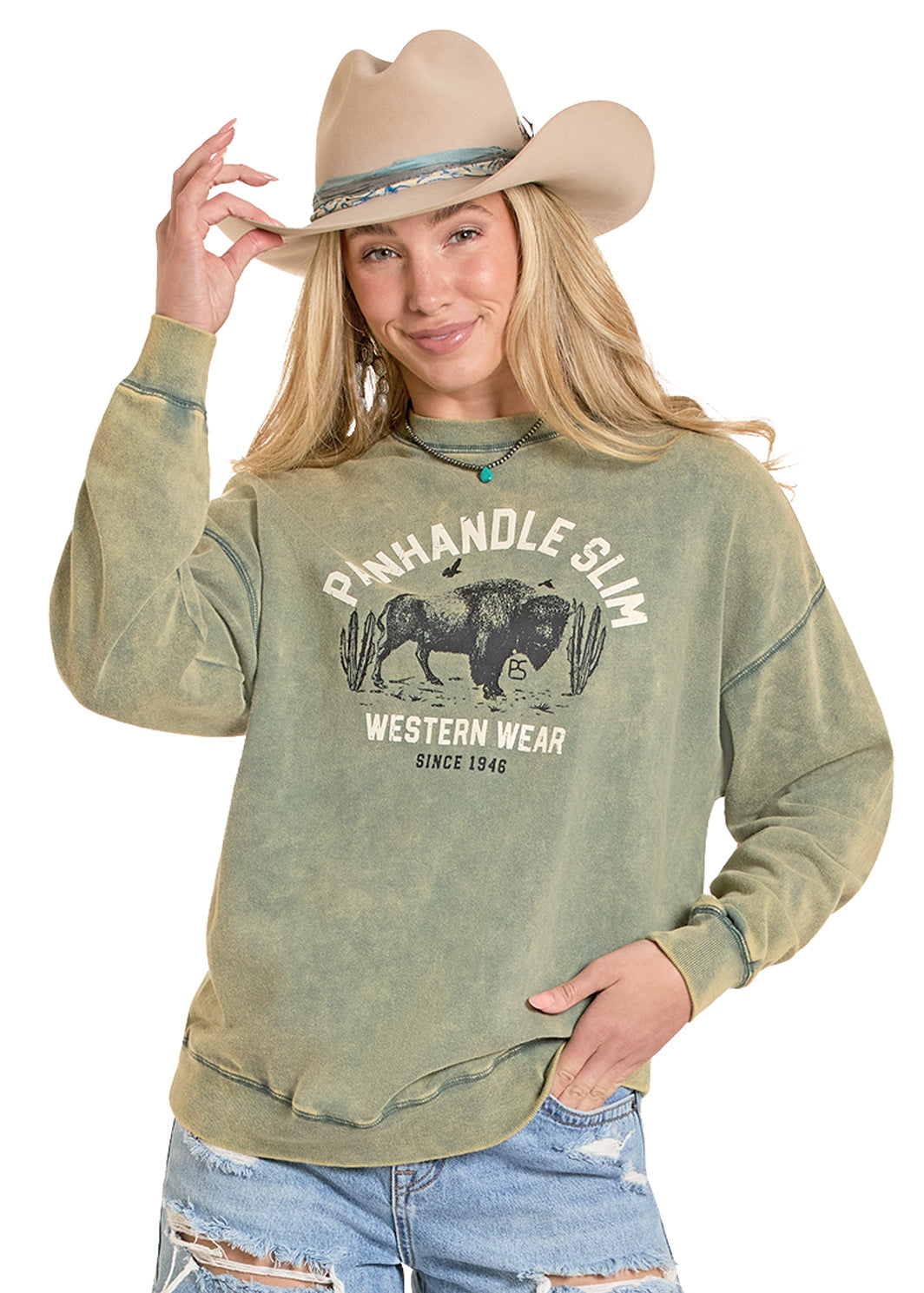 Desert Buffalo - Panhandle Slim Western Wear Graphic Crewneck – Mineral Washed Green Sweatshirt (100% Cotton)
