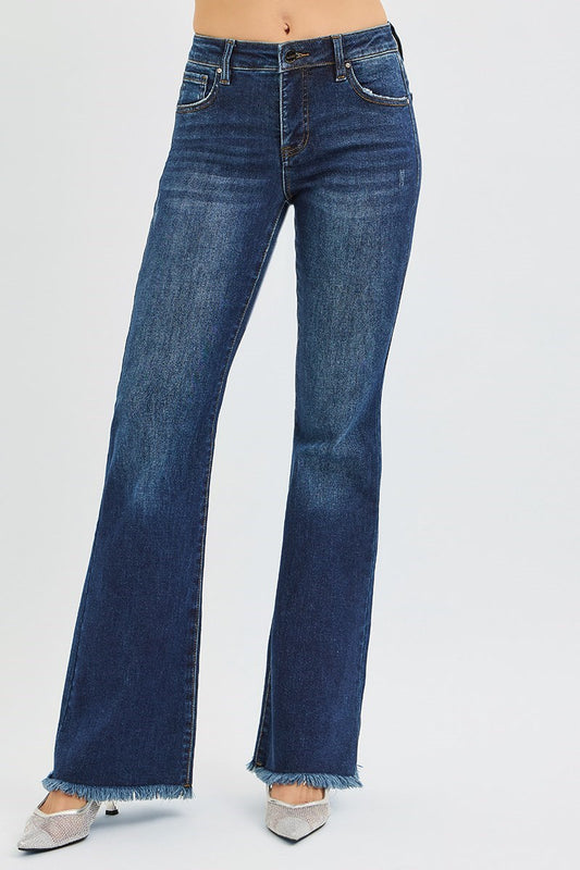 Della Risen Jeans, Dark Wash Mid Rise Flare Jeans with Tummy Control and Raw Hem, Stretch Denim