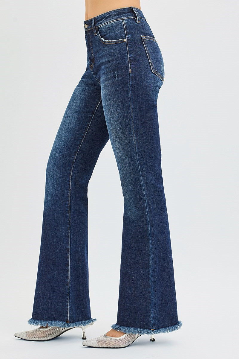 Della Risen Jeans, Dark Wash Mid Rise Flare Jeans with Tummy Control and Raw Hem, Stretch Denim