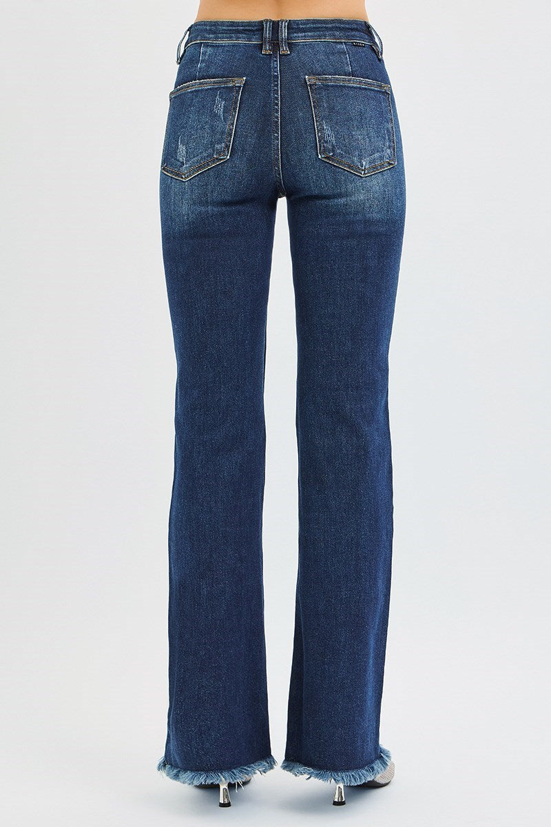 Della Risen Jeans, Dark Wash Mid Rise Flare Jeans with Tummy Control and Raw Hem, Stretch Denim