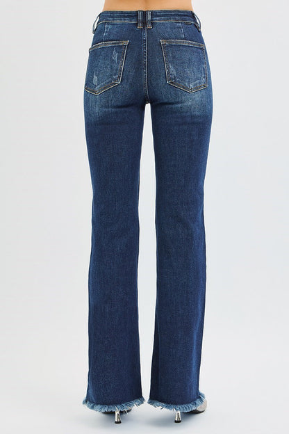 Della Risen Jeans, Dark Wash Mid Rise Flare Jeans with Tummy Control and Raw Hem, Stretch Denim