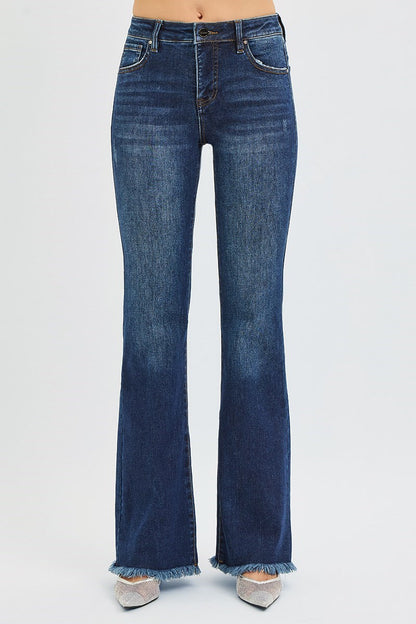 Della Risen Jeans, Dark Wash Mid Rise Flare Jeans with Tummy Control and Raw Hem, Stretch Denim