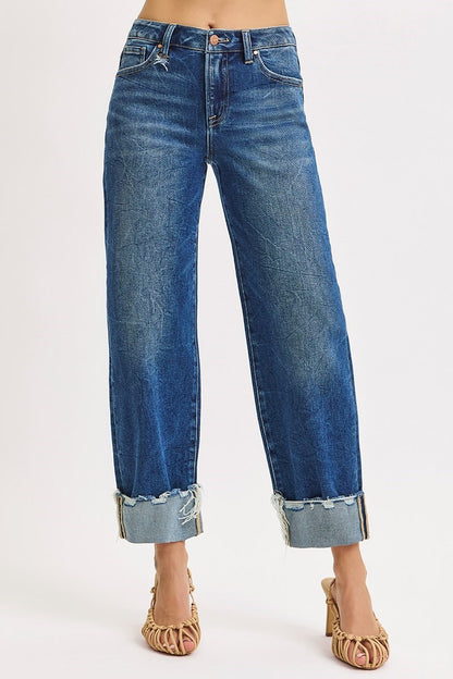 Remi Risen Jeans, Medium Wash High Rise Crop Boyfriend Jeans with Cuffed Hem, Relaxed Fit Stretch Denim