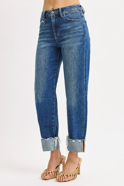 Remi Risen Jeans, Medium Wash High Rise Crop Boyfriend Jeans with Cuffed Hem, Relaxed Fit Stretch Denim