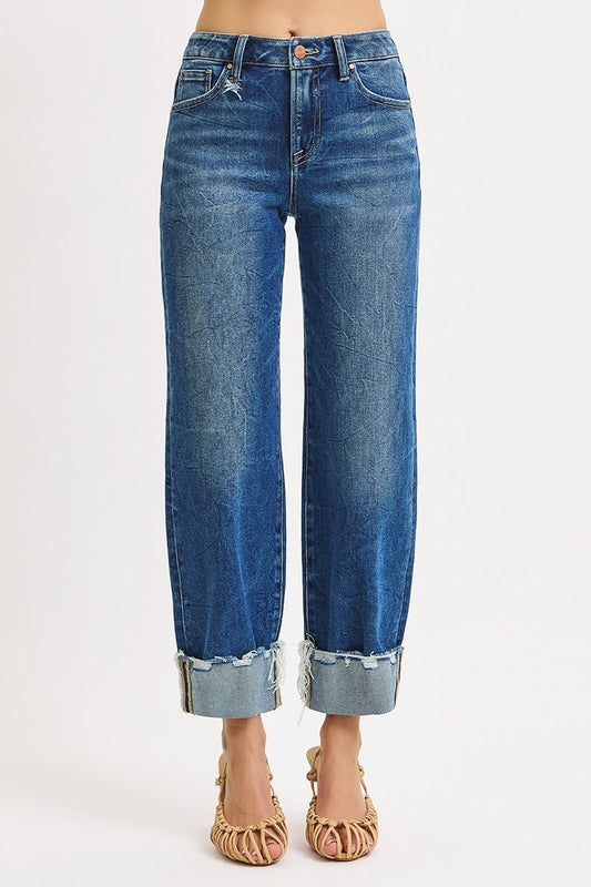 Remi Risen Jeans, Medium Wash High Rise Crop Boyfriend Jeans with Cuffed Hem, Relaxed Fit Stretch Denim