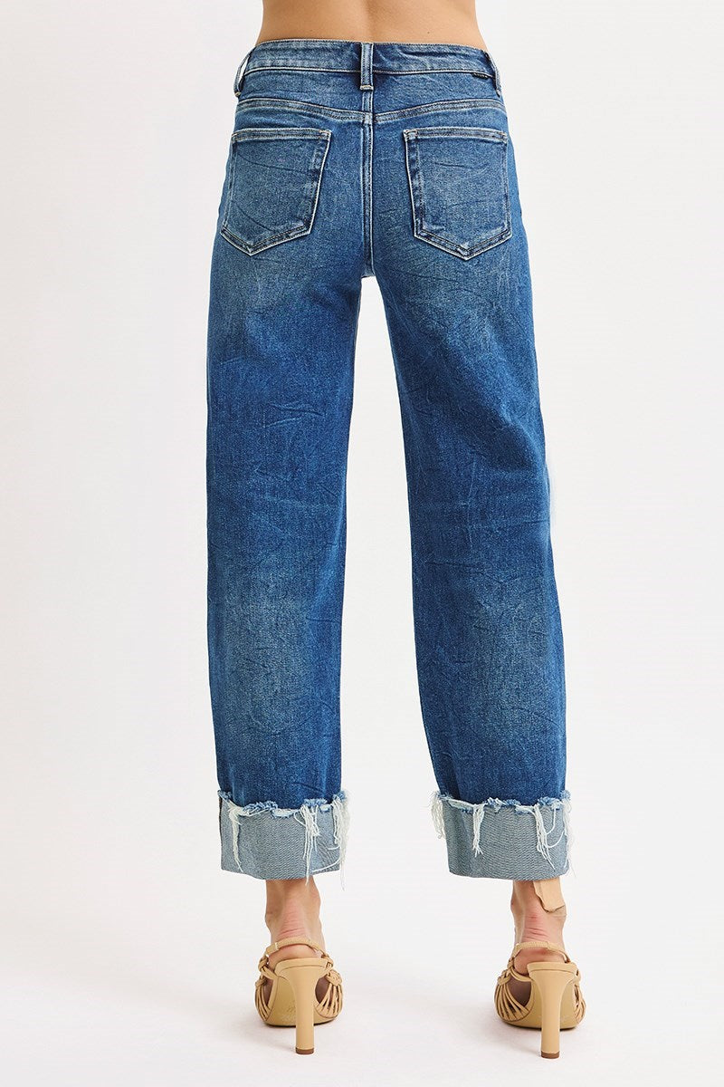 Remi Risen Jeans, Medium Wash High Rise Crop Boyfriend Jeans with Cuffed Hem, Relaxed Fit Stretch Denim