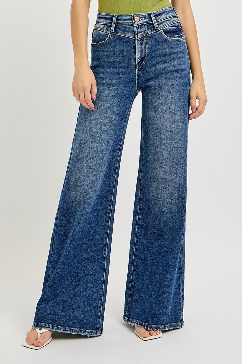 Morgan High Rise Wide Leg Front Yoke Risen Jeans - Dark