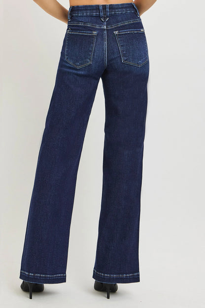 Dakota Risen Jeans, Dark Wash Mid Rise Wide Leg Jeans with Tummy Control, Stretch Denim