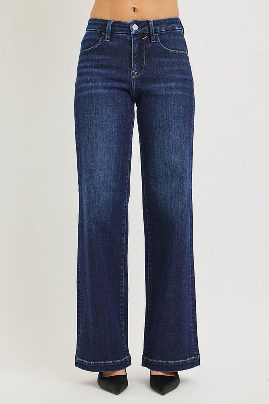 Dakota Risen Jeans, Dark Wash Mid Rise Wide Leg Jeans with Tummy Control, Stretch Denim