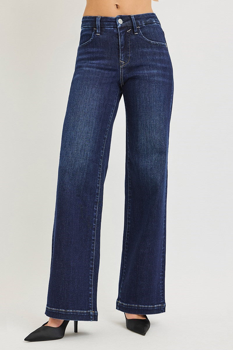Dakota Risen Jeans, Dark Wash Mid Rise Wide Leg Jeans with Tummy Control, Stretch Denim