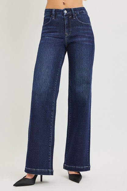 Dakota Risen Jeans, Dark Wash Mid Rise Wide Leg Jeans with Tummy Control, Stretch Denim
