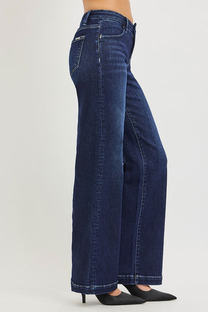 Dakota Risen Jeans, Dark Wash Mid Rise Wide Leg Jeans with Tummy Control, Stretch Denim
