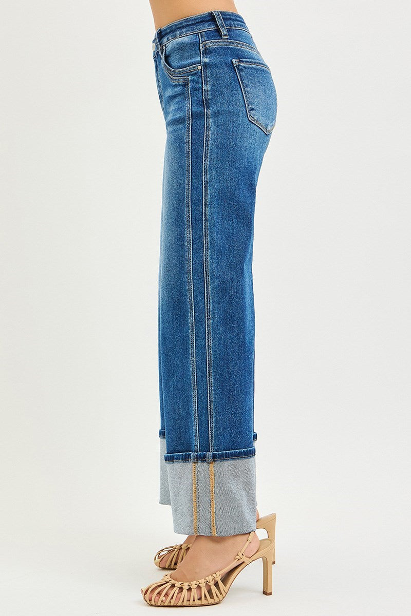 Blakely Risen Jeans, Dark Wash High Rise Wide Leg Cuffed Jeans with Double Front Pockets, Stretch Denim