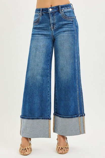 Blakely Risen Jeans, Dark Wash High Rise Wide Leg Cuffed Jeans with Double Front Pockets, Stretch Denim