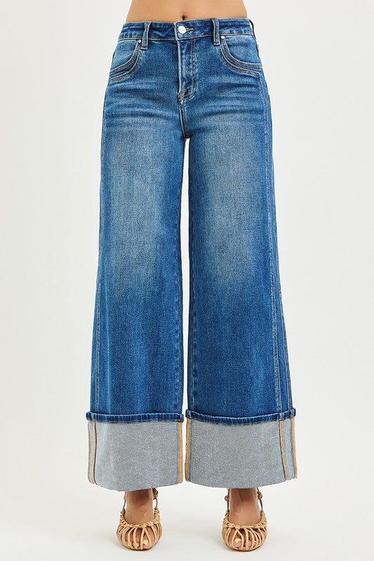 Blakely Risen Jeans, Dark Wash High Rise Wide Leg Cuffed Jeans with Double Front Pockets, Stretch Denim