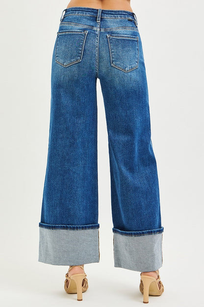 Blakely Risen Jeans, Dark Wash High Rise Wide Leg Cuffed Jeans with Double Front Pockets, Stretch Denim