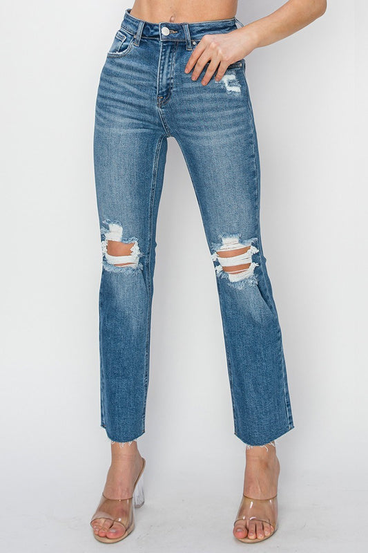 Jolene Risen Jeans, Medium Wash High Rise Straight Leg Ankle Jeans with Knee Distressing and Raw Hem, Stretch Denim