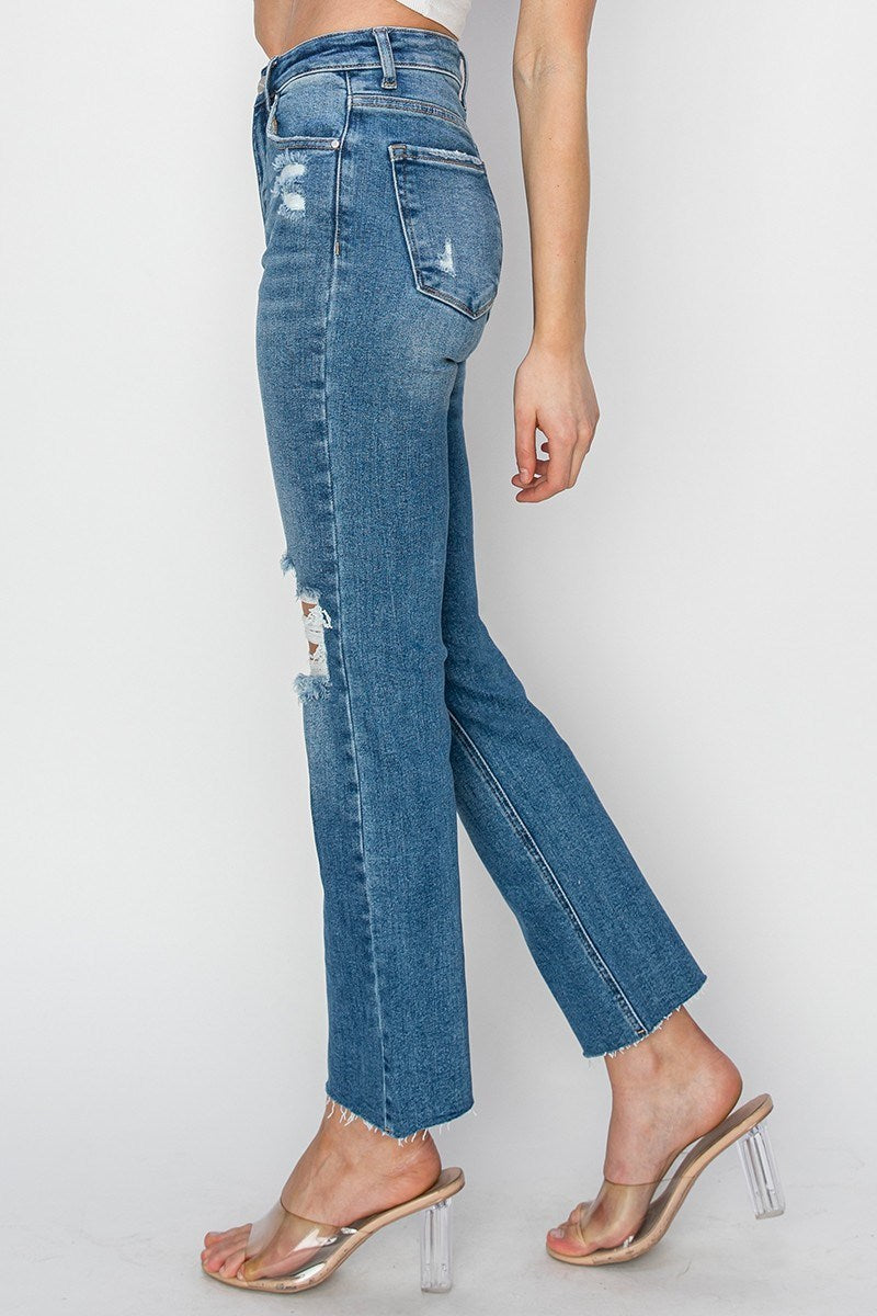 Jolene Risen Jeans, Medium Wash High Rise Straight Leg Ankle Jeans with Knee Distressing and Raw Hem, Stretch Denim