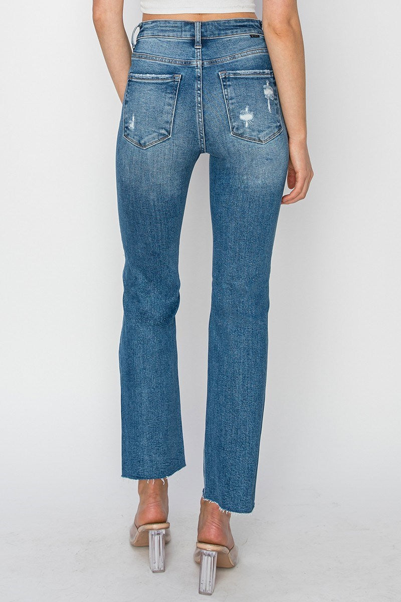 Jolene Risen Jeans, Medium Wash High Rise Straight Leg Ankle Jeans with Knee Distressing and Raw Hem, Stretch Denim