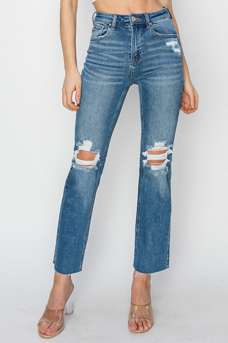 Jolene Risen Jeans, Medium Wash High Rise Straight Leg Ankle Jeans with Knee Distressing and Raw Hem, Stretch Denim