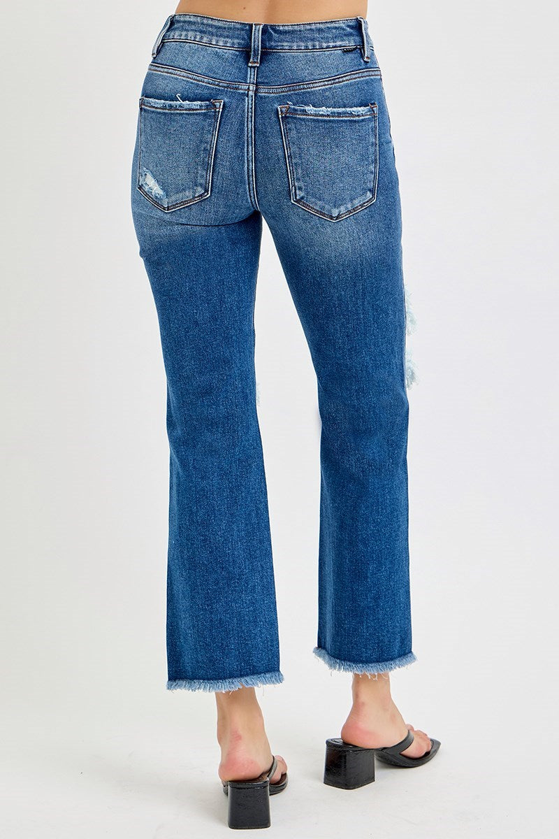Sadie Risen Jeans, Dark Wash Mid Rise Crop Flare Jeans with Distressing and Raw Hem, Stretch Denim