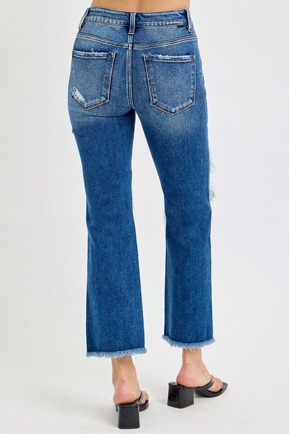 Sadie Risen Jeans, Dark Wash Mid Rise Crop Flare Jeans with Distressing and Raw Hem, Stretch Denim
